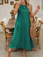 Pullover Crew Neck Sleeveless Pocket Solid Color Midi Dresses
