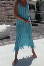Hollow Out Sleeveless Tassel Beach Cover Up Dress