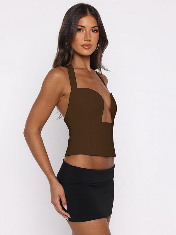 Hollow-out Bralette With Underwire, Tight-fitting Solid Color Halter Neck Double-layer Vest