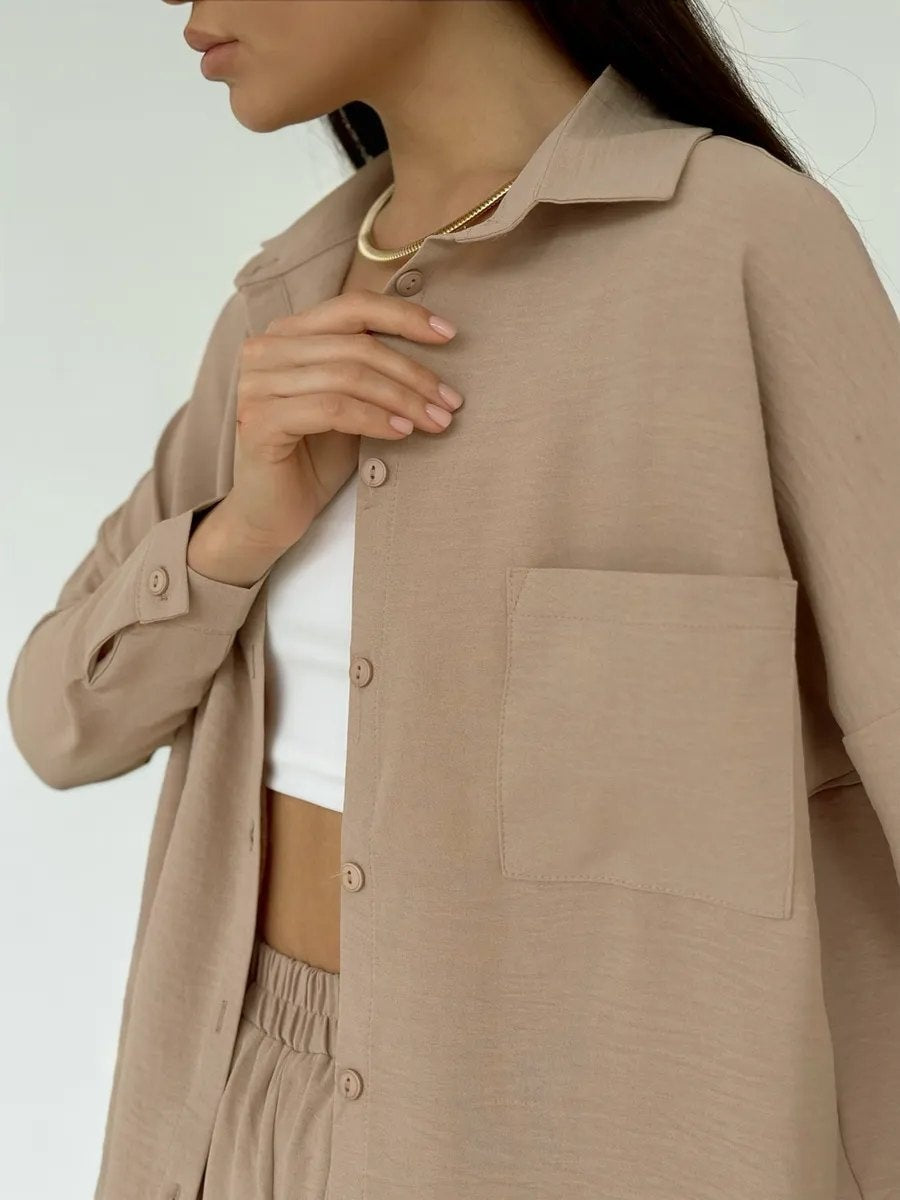 Solid Color Cardigan With Pockets, Casual Wide-leg Trousers 2-piece Sets
