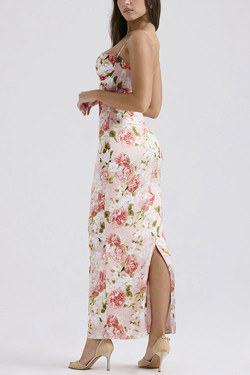 Floral Print Back Slit Bustier Maxi Sling Dress