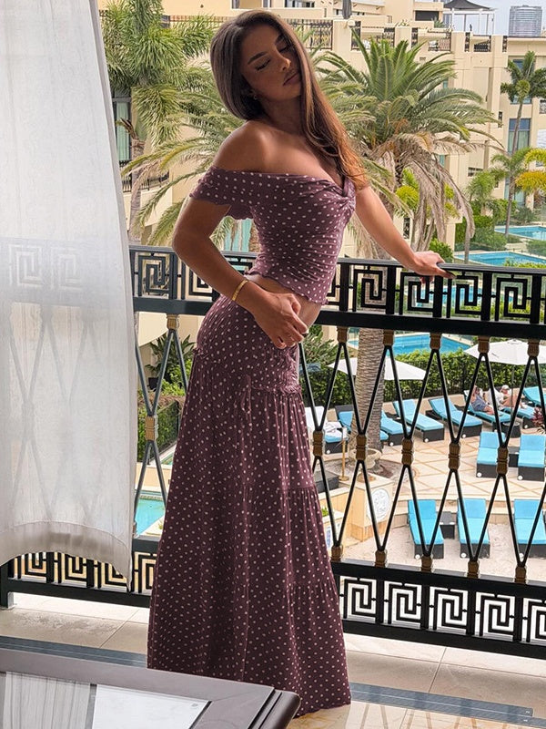 Two-piece Set: Raglan Strapless Top With Polka Dot Side Bow And Long Skirt
