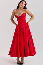 Strapless Plunging V-Neck Corset Bodice Box Pleat A-Line Midi Dress