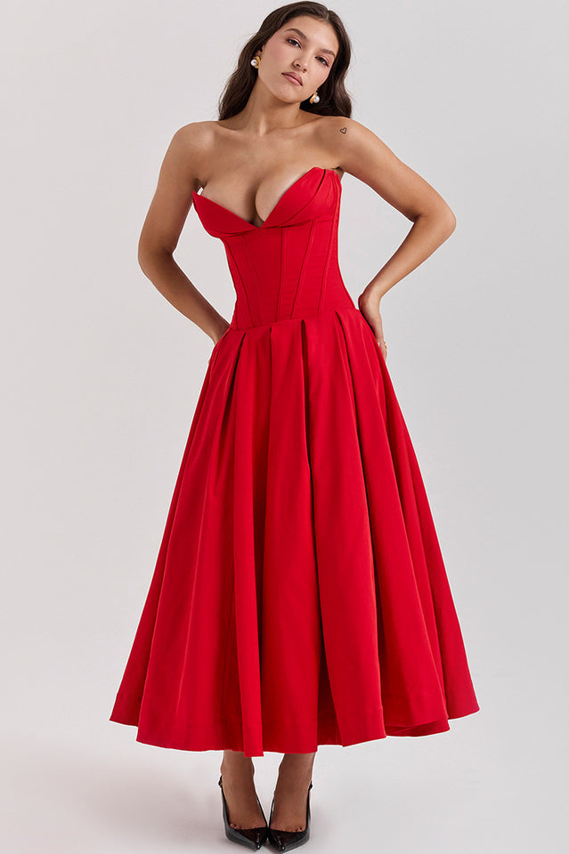 Strapless Plunging V-Neck Corset Bodice Box Pleat A-Line Midi Dress