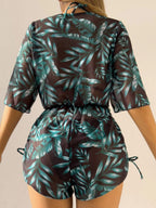 Leaf Print Waist-cinching Tie Long-sleeved Sun Protection Bikini Three-Piece Set