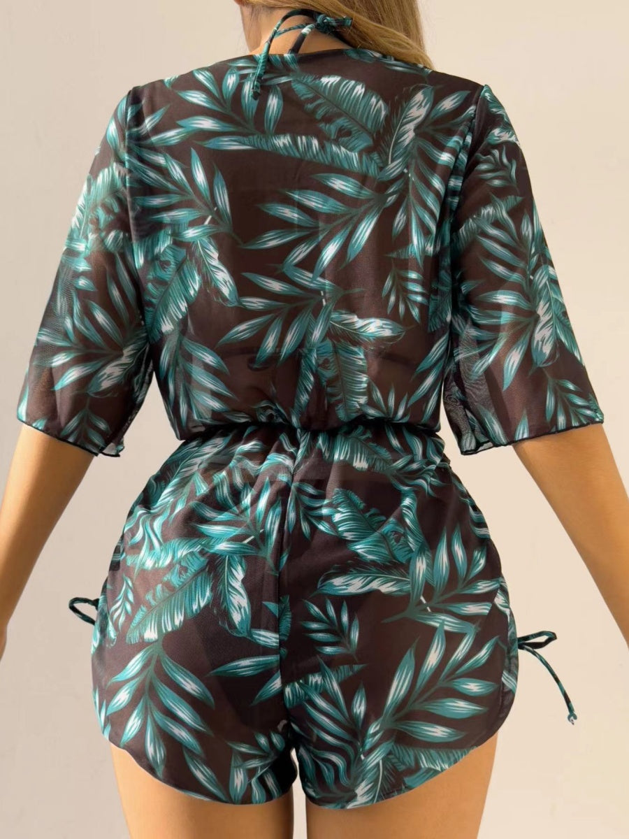 Leaf Print Waist-cinching Tie Long-sleeved Sun Protection Bikini Three-Piece Set