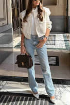 Button Up Pocketed Cropped Bomber Jacket