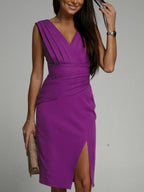 V-neck Sleeveless High-waisted Slit Dress Pleated Solid Color Short Dress