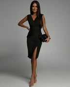 Deep V-Neck Pleated Shoulder Wrap High Split Midi Dress