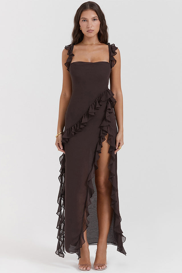 Square Neck Ruffle Strap Thigh Slit Asymmetric Ruffle Hem Maxi Dress