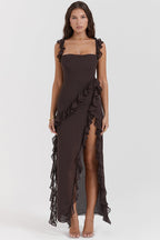 Square Neck Ruffle Strap Thigh Slit Asymmetric Ruffle Hem Maxi Dress