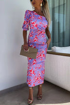 One Shoulder Waisted Floral Maxi Bodycon Dress