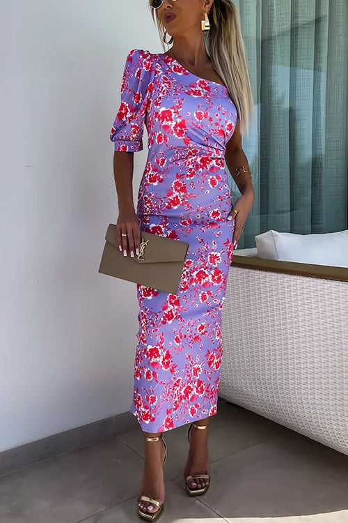 One Shoulder Waisted Floral Maxi Bodycon Dress