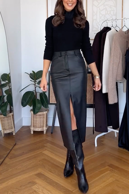 Slit Front Faux Leather Midi Skirt