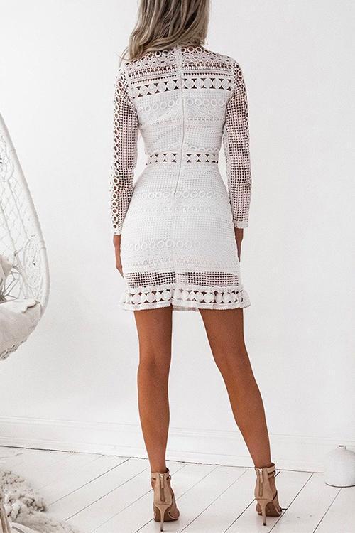 Mockneck Back Zipper Lace Splice Hollow Out Dress