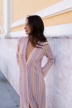 Pilar Chic Boho V Neck Bell Sleeve Maxi Dress, Wavy Striped Crochet Beach Holiday Dress Evening Wear Edit