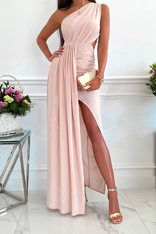 One Shoulder Cut Out Waist High Slit Maxi Party Dress