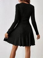 Pit Strip Knitting V-neck Long Sleeve Long Skirt Mini&Short Dresses