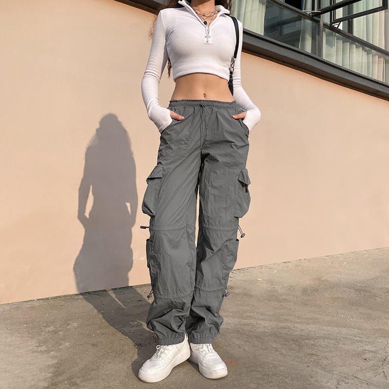Drawstring solid cargo pocket low rise baggy pant Parachute pants