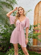 V-neck Bow Tie Short-sleeved Mini Dress