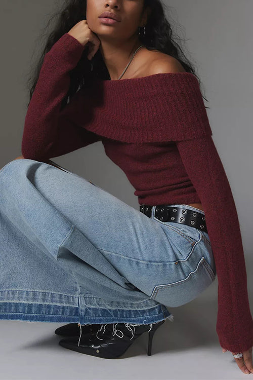 Off Shoulder Long Sleeves Slim Fit Sweater