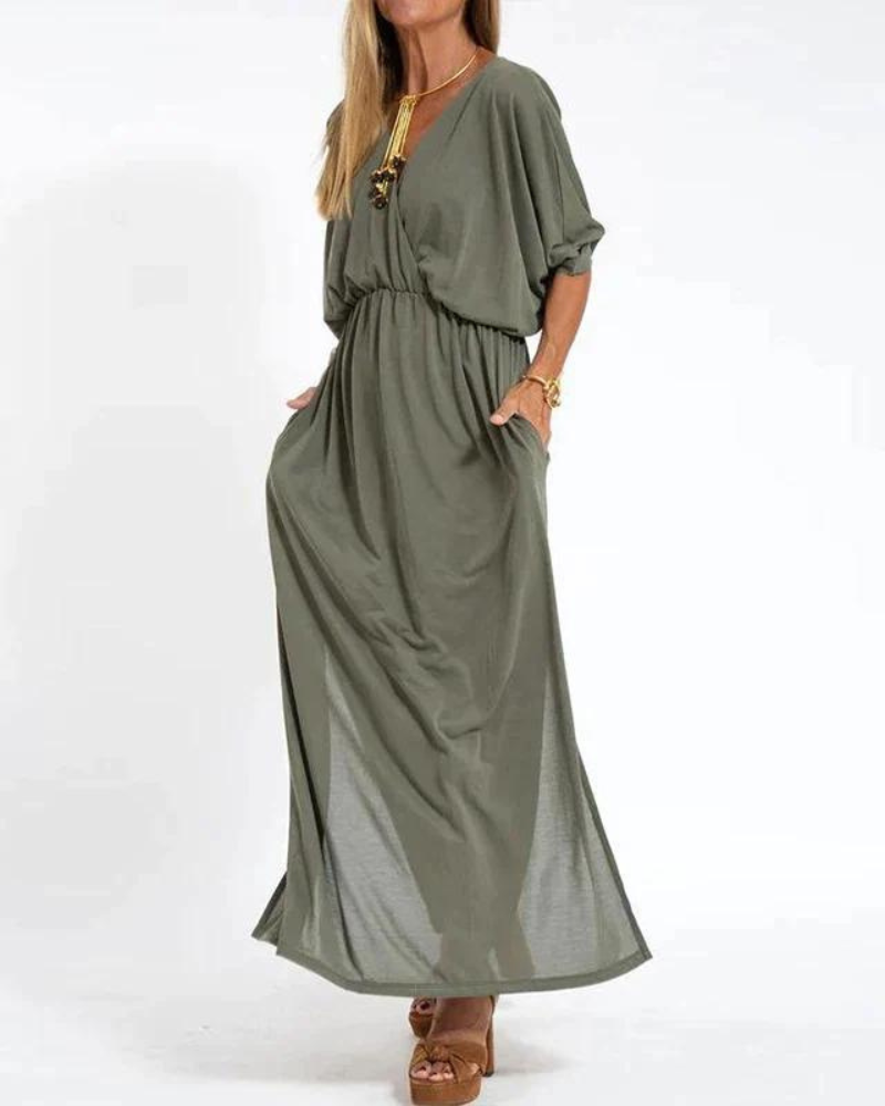 Surplice V-Neck Dolman Sleeve Elastic Waist Pocket Maxi Dress