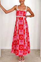 Ric Rac Trim Bow Back Palm Soleil Print Maxi Cami Dress