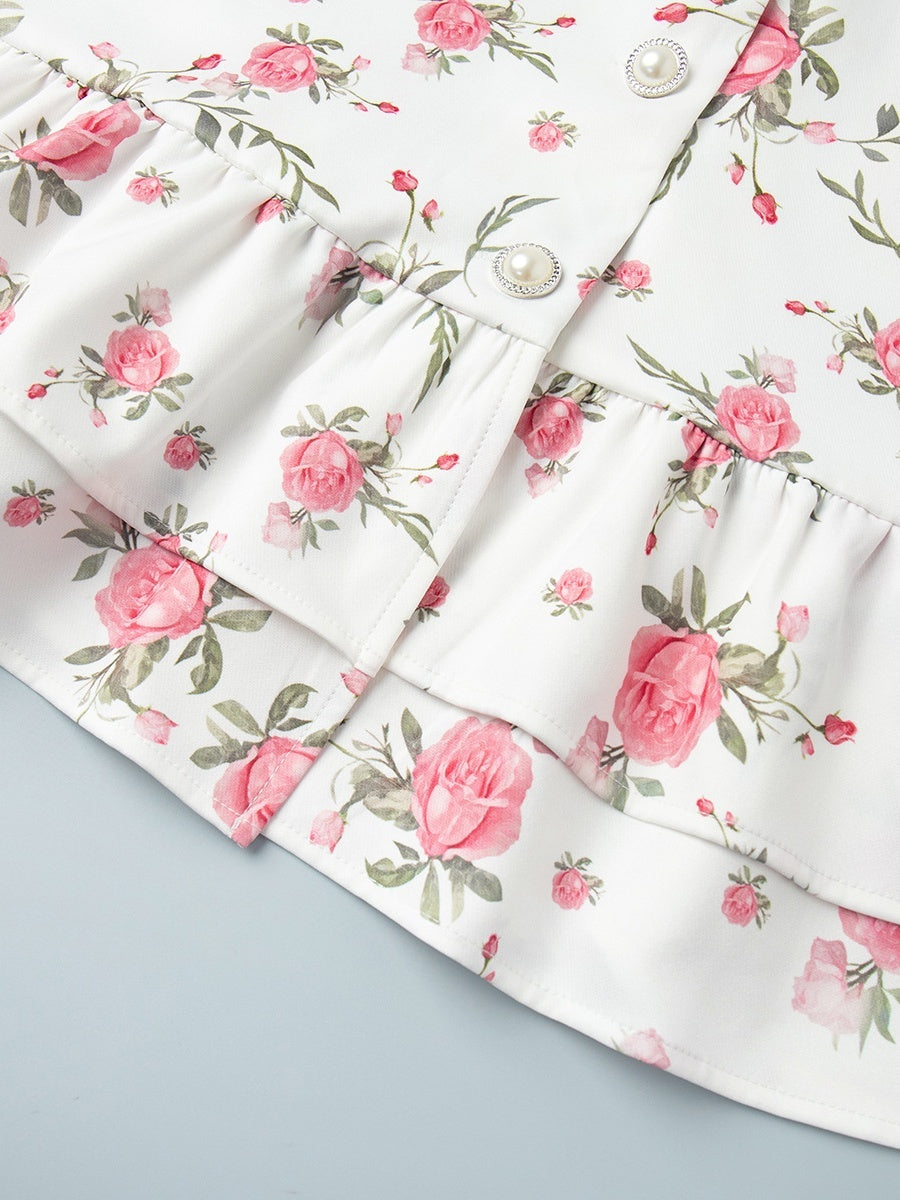 Waist Printed Floral Lapel Puff Sleeve Sweet Mini&Short Dresses