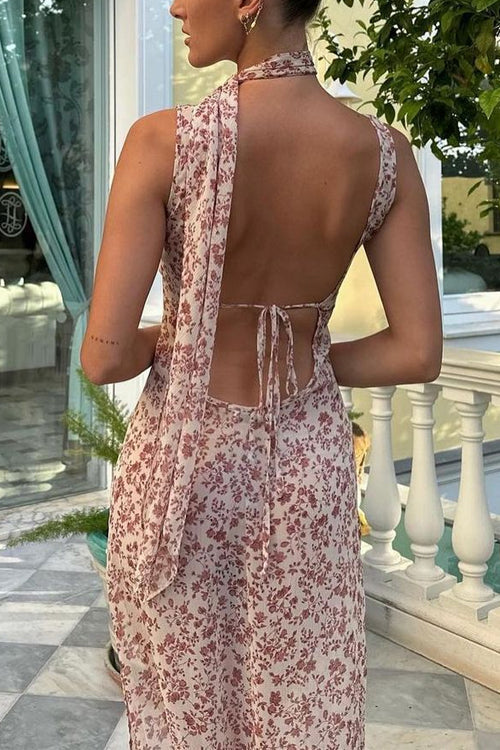 Sleeveless Open Back Slit Floral Print Maxi Flowy Dress
