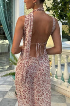 Sleeveless Open Back Slit Floral Print Maxi Flowy Dress