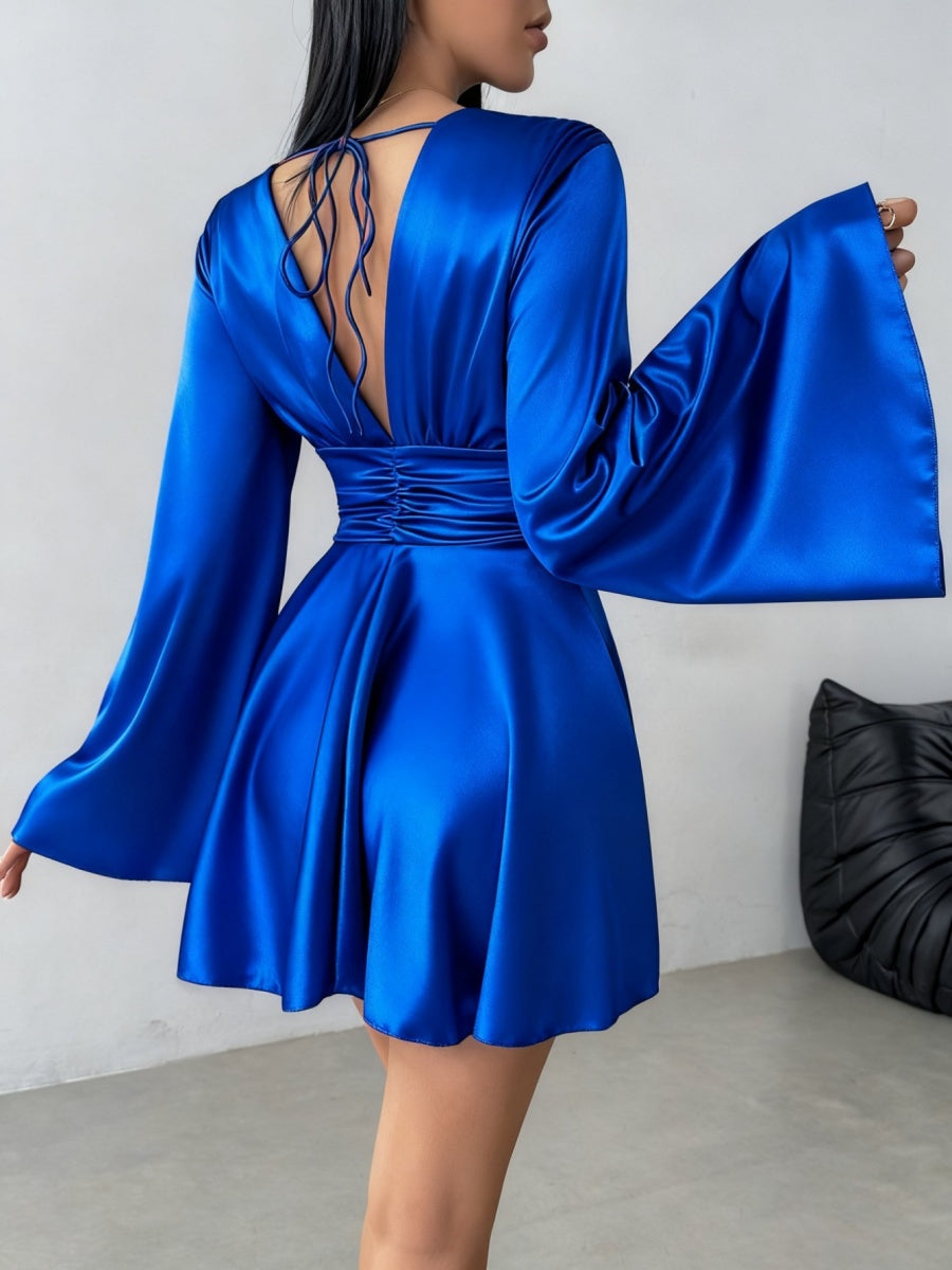 V-neck Long Sleeve Flared Sleeves Mini&Short Dresses