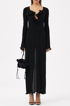 Long Sleeves Back Slit Floral Shirred Maxi Dress