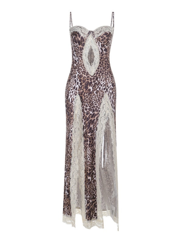 Lace-trimmed Leopard Print Slit Halter Dress