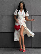 Pure Cotton Bandage Wrap-up Puff Sleeve Printed Comfort Maxi Dresses