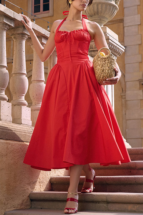 Halter Backless Lace-up Swing Midi Sundress
