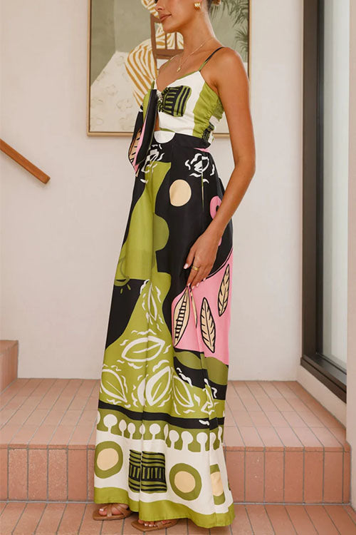 Tie Front Cut Out Wide Leg Printed Cami Jumpsuit