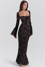 Lace Square Neck Milkmaid Tie Front Corset Seam Bell Sleeve Mermaid Maxi Dress