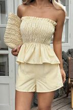 Striped Printed Sleeveless Off-shoulder Ruched Top and Elastic Waist Casual Pocket Shorts Set