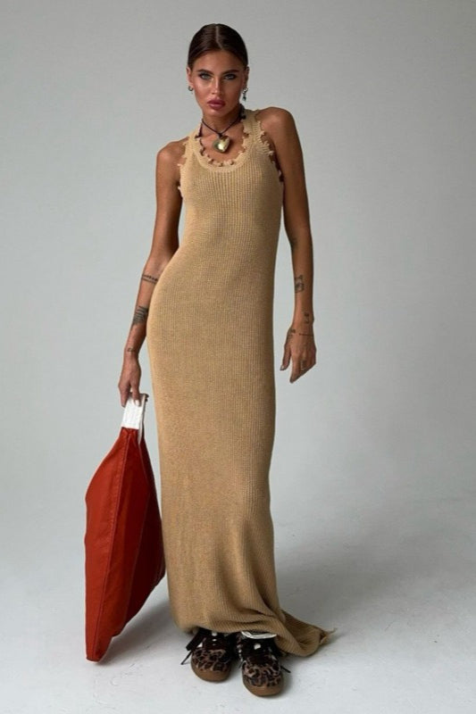 Distressed Knit Scoop Neck Tank Sleeveless Bodycon Maxi Sweater Dress