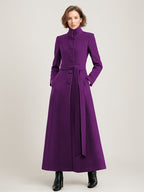 Wool Blend Long Coat Black Belted Stand Collar Winter Full Length Outerwear For Women 2026