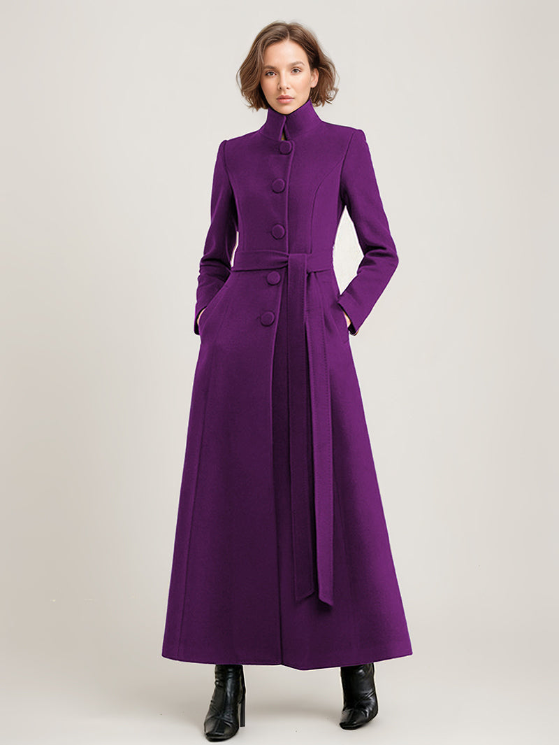 Wool Blend Long Coat Black Belted Stand Collar Winter Full Length Outerwear For Women 2026