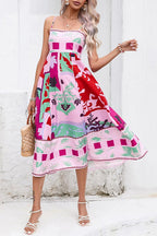 Abstract Floral Print Square Neck Spaghetti Strap Smocked Back Pocket Midi Dress