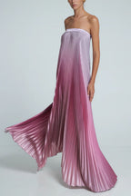 Satin Pleated Strapless Column Maxi Dress