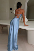 Satin Cowl Neck Spaghetti Strap Bias Cut Slip Midi Dress