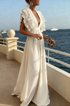 Deep V-Neck Flutter Sleeve Ruched Waistband A-Line Maxi Dress