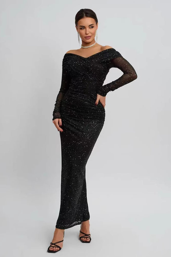 Black Strapless Mesh Long Sleeve Maxi Dress