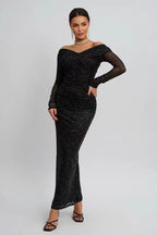 Black Strapless Mesh Long Sleeve Maxi Dress