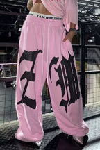 Drapey Letter Graphic Drawcord Curved Sweat Pants