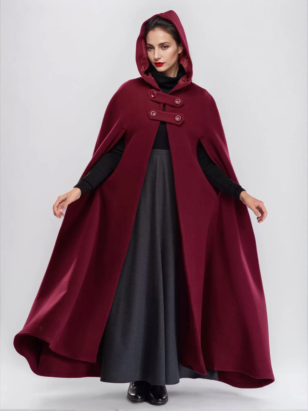 Wool Blend Maxi Cape Coat With Hooded Burgundy Full Length Poncho Oversized Outerwear For Women 2026