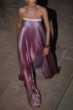 Satin Pleated Strapless Column Maxi Dress